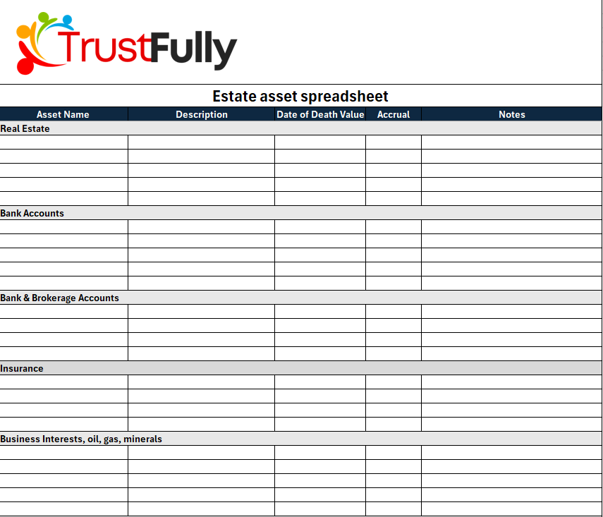 Sample of an Estate Settlement Asset Spreadsheet